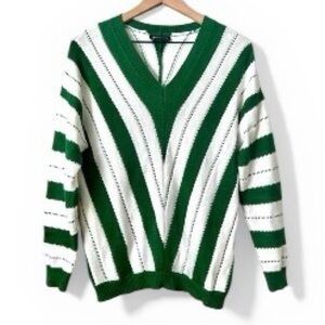 PRETTY GARDEN Pullover Knit Sweater V-Neck Color Block Stripe Green Whit…